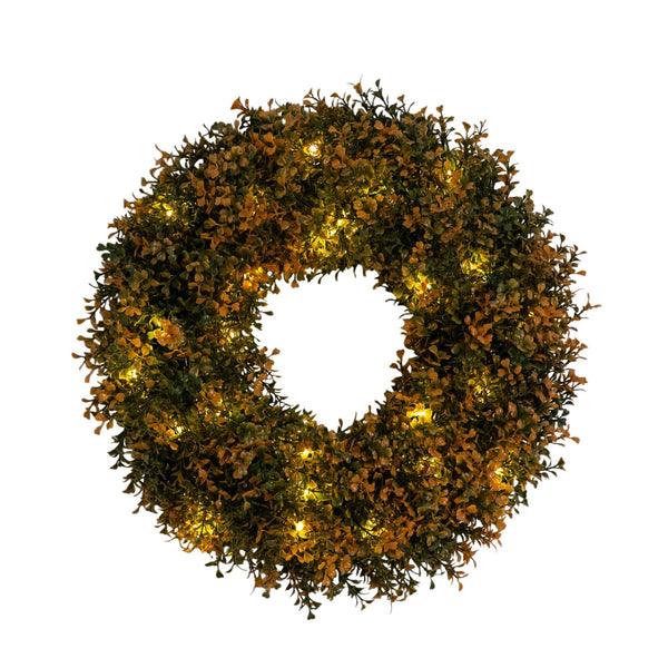 18" Pre-Lit Autumn Boxwood Artificial Fall Wreath with 25 Warm White LED Lights