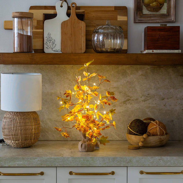 18" Pre-Lit Autumn Maple Artificial Fall Tree with 30 LED String Lights in Burlap Wrapped Base