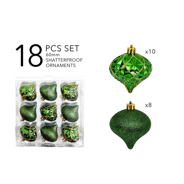 18-pc Green and Gold Teardrop Shatterproof Christmas Ornaments
