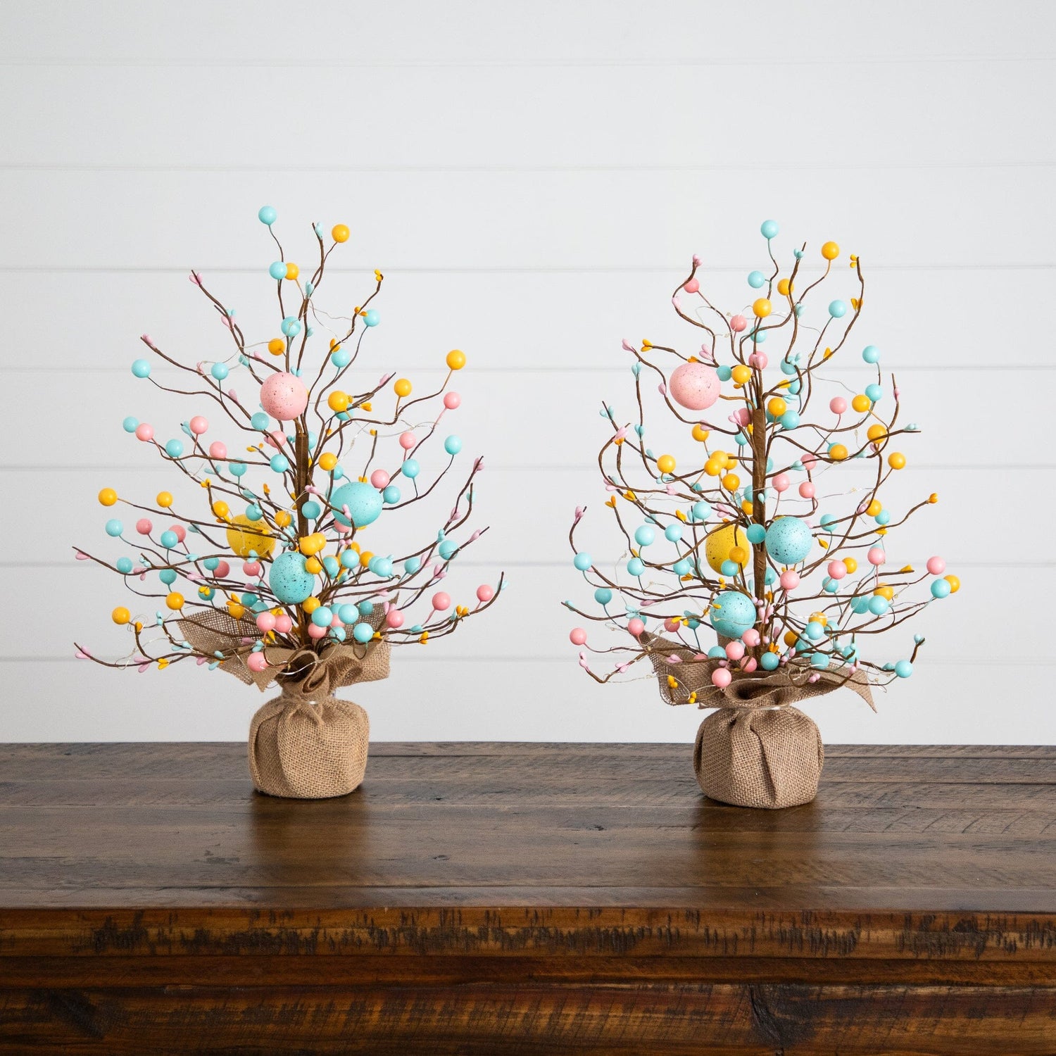 18" Pre-Lit Artificial Easter Egg Twig Tree with 30 LED Lights in Burlap Wrapped Base - Set of 2