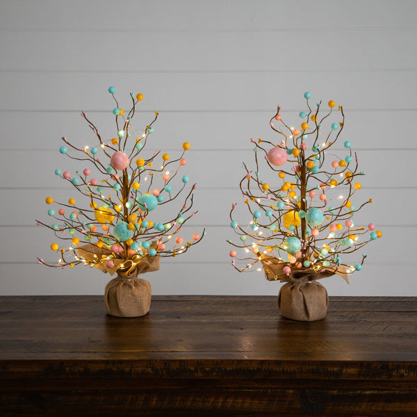 18" Pre-Lit Artificial Easter Egg Twig Tree with 30 LED Lights in Burlap Wrapped Base - Set of 2