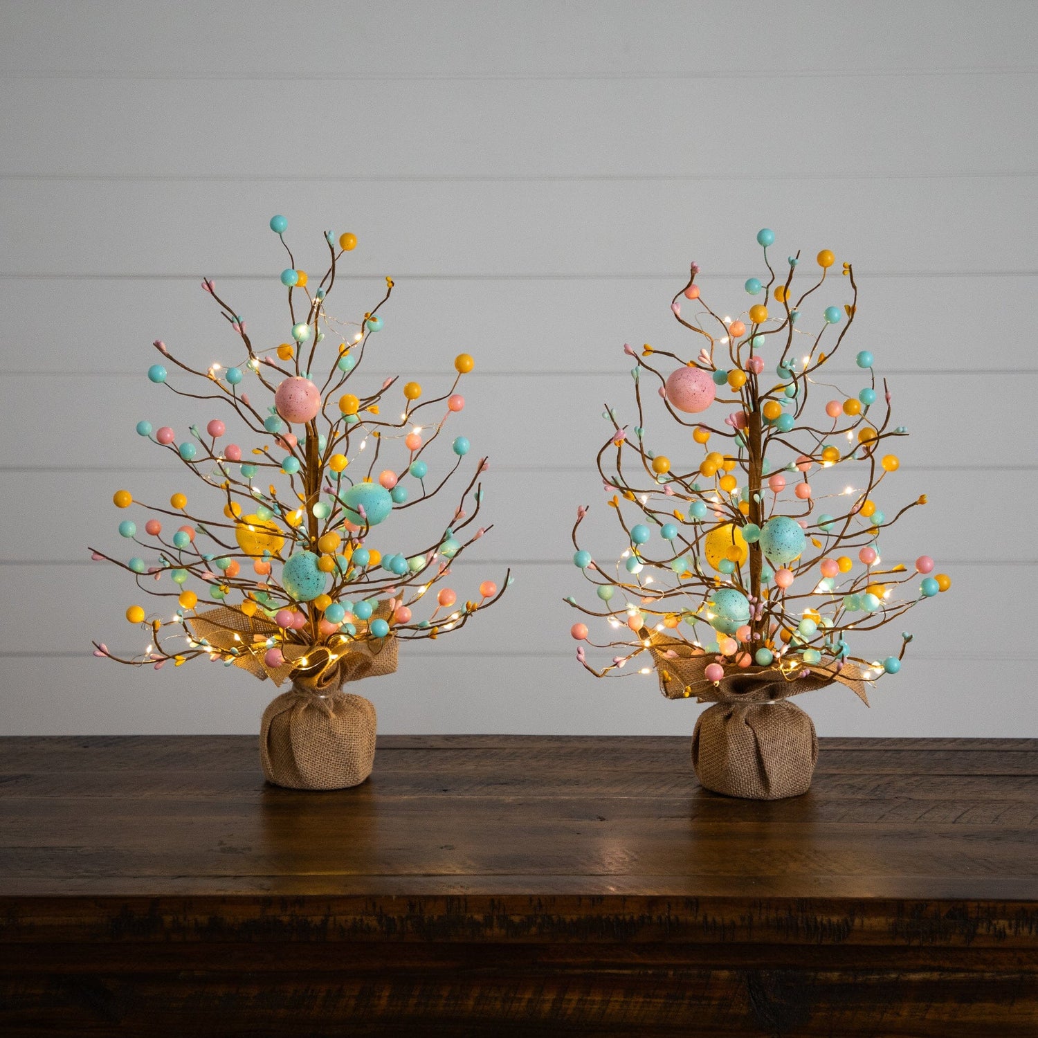18" Pre-Lit Artificial Easter Egg Twig Tree with 30 LED Lights in Burlap Wrapped Base - Set of 2