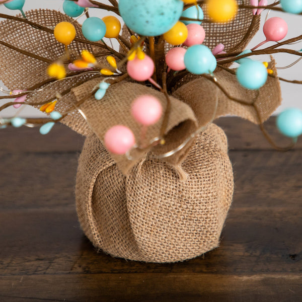 18" Pre-Lit Artificial Easter Egg Twig Tree with 30 LED Lights in Burlap Wrapped Base - Set of 2
