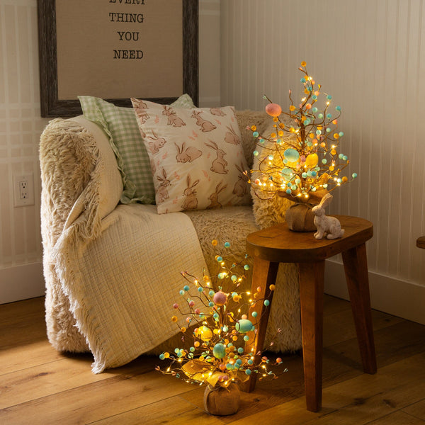 18" Pre-Lit Artificial Easter Egg Twig Tree with 30 LED Lights in Burlap Wrapped Base - Set of 2