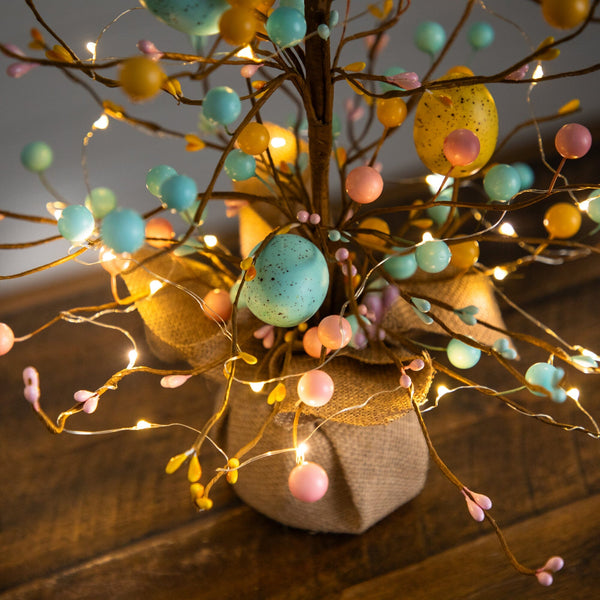 18" Pre-Lit Artificial Easter Egg Twig Tree with 30 LED Lights in Burlap Wrapped Base - Set of 2