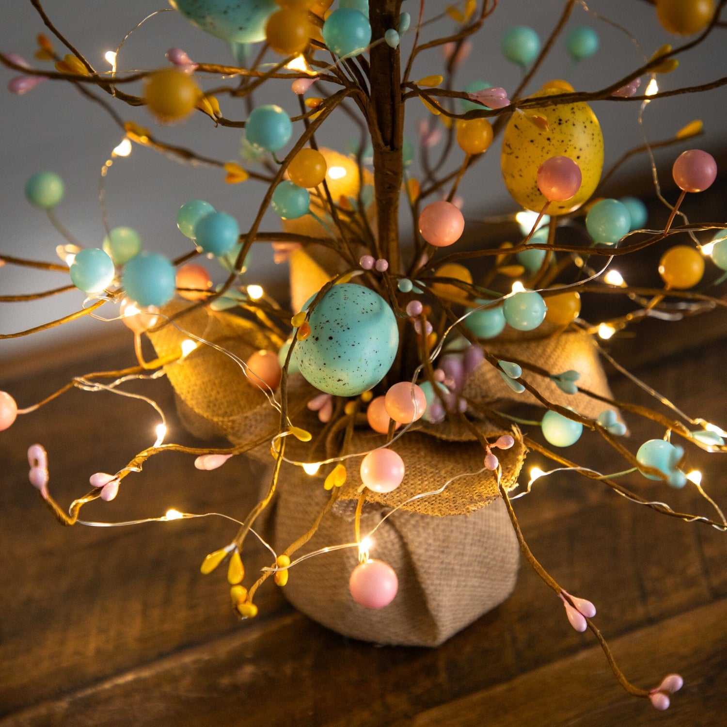 18" Pre-Lit Artificial Easter Egg Twig Tree with 30 LED Lights in Burlap Wrapped Base - Set of 2