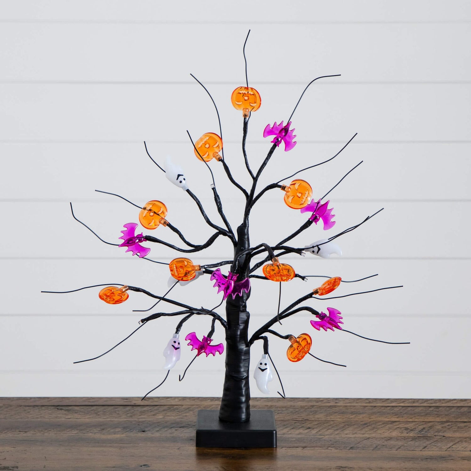 18" Pre-Lit Artificial Halloween Ghost, Bats & Pumpkins 24 LED Lighted Ornament Tree