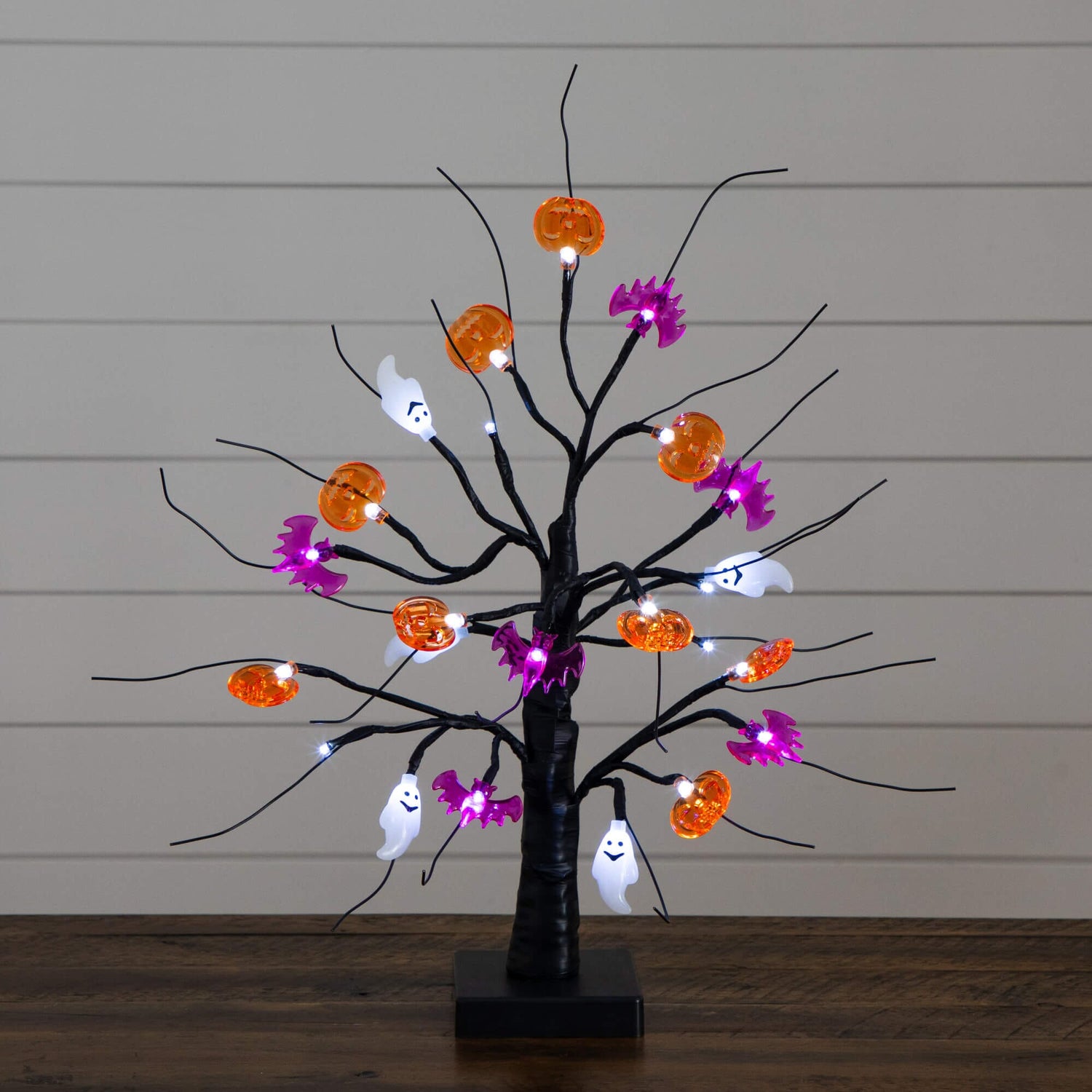 18" Pre-Lit Artificial Halloween Ghost, Bats & Pumpkins 24 LED Lighted Ornament Tree