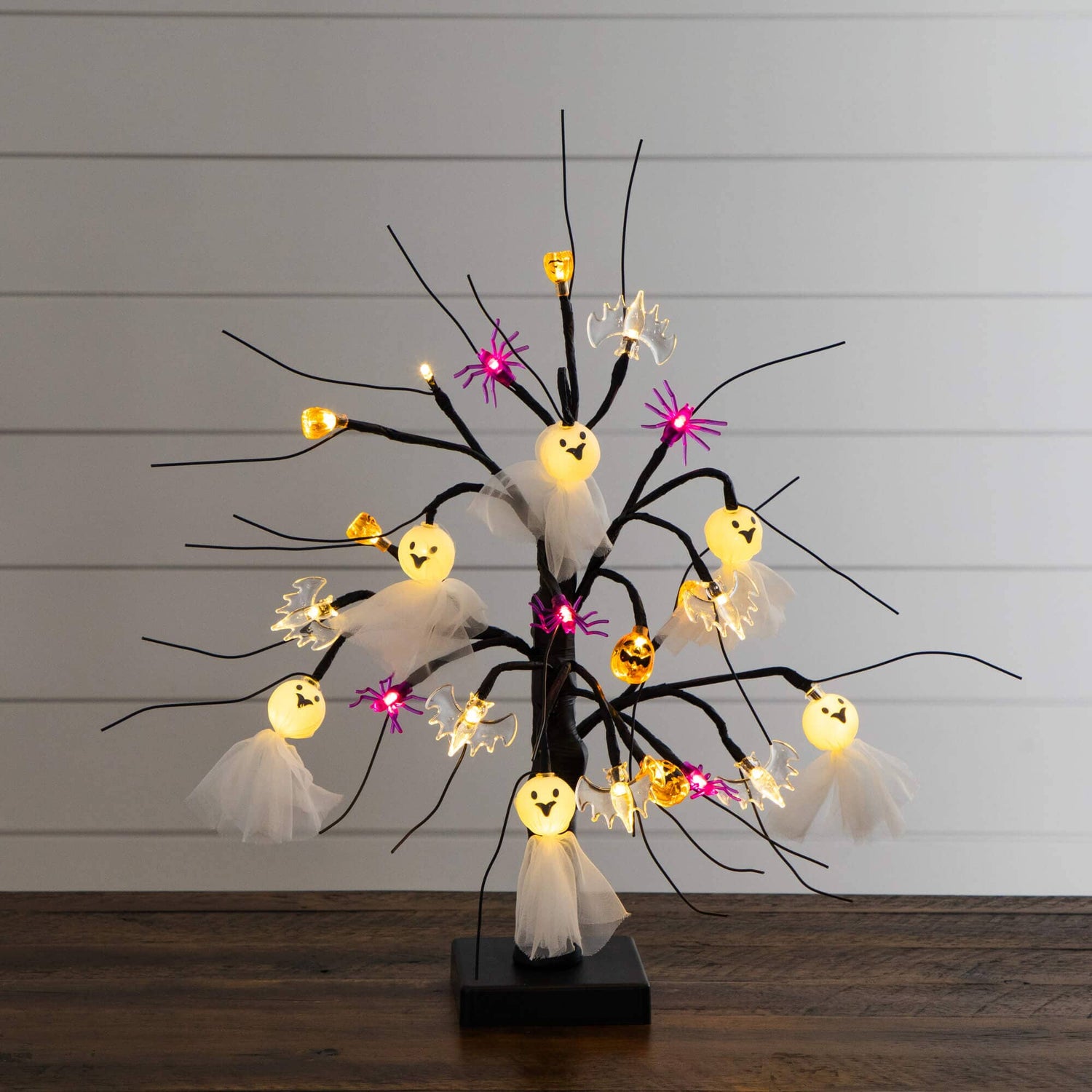 18" Pre-Lit Artificial Halloween Ghost Dolls, Spiders, Bats & Pumpkins 24 LED Lighted Ornament Tree