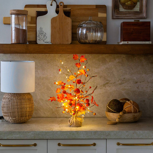 18" Pre-Lit Artificial Maple Tree with Pumpkin Ornaments and 30 LED String Lights in Burlap Wrapped Base Base