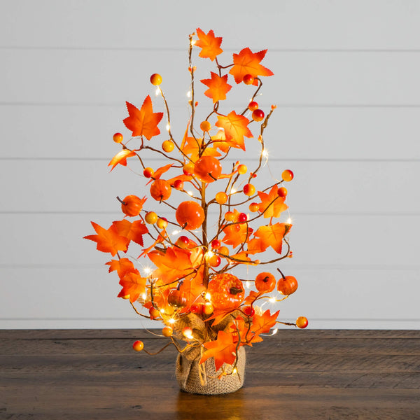18" Pre-Lit Artificial Maple Tree with Pumpkin Ornaments and 30 LED String Lights in Burlap Wrapped Base Base
