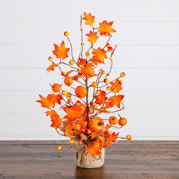 18" Pre-Lit Artificial Maple Tree with Pumpkin Ornaments and 30 LED String Lights in Burlap Wrapped Base Base