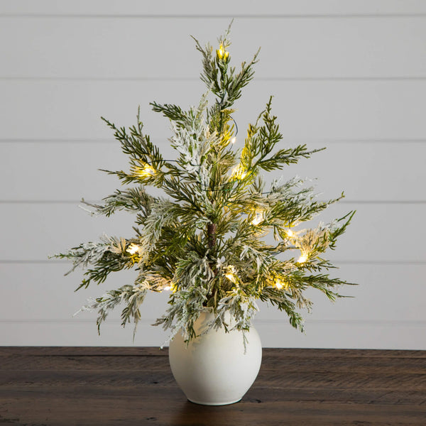 18" Pre-Lit Artificial Mini Snowed Cypress Christmas Tree with 12 LED Lights in  White Ceramic Planter