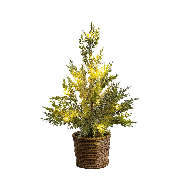 18” Pre-Lit Artificial Snowed Cypress Christmas Tree with 15 LED Lights in Hyacinth Basket