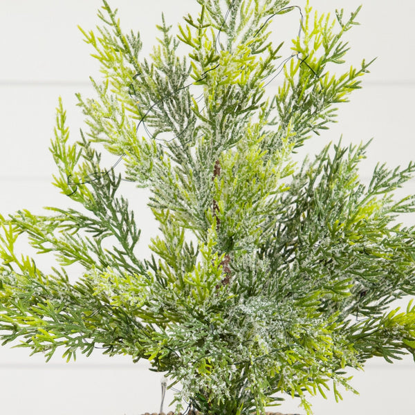 18” Pre-Lit Artificial Snowed Cypress Christmas Tree with 15 LED Lights in Hyacinth Basket
