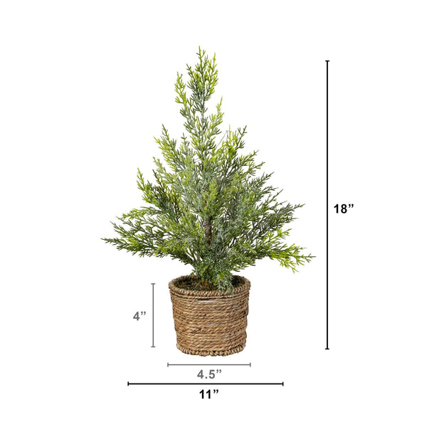 18” Pre-Lit Artificial Snowed Cypress Christmas Tree with 15 LED Lights in Hyacinth Basket