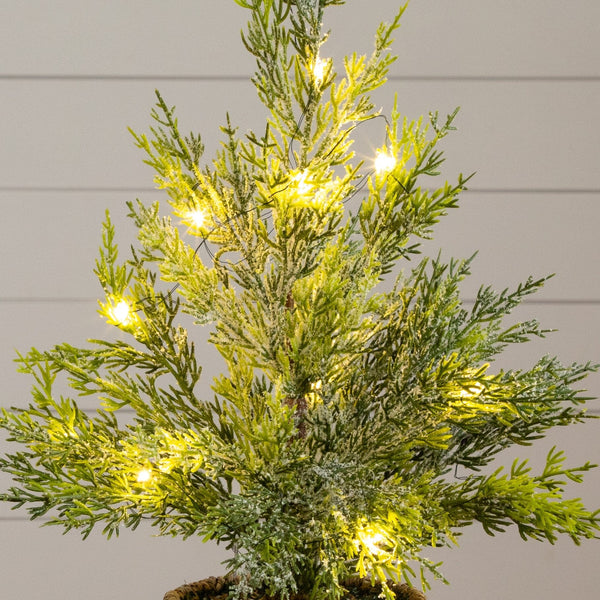 18” Pre-Lit Artificial Snowed Cypress Christmas Tree with 15 LED Lights in Hyacinth Basket