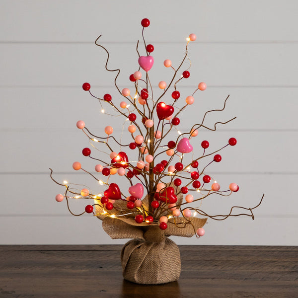18" Pre-Lit Artificial Valentine's Day Heart & Berry Twig Tree with 30 LED String Lights in Burlap Wrapped Base