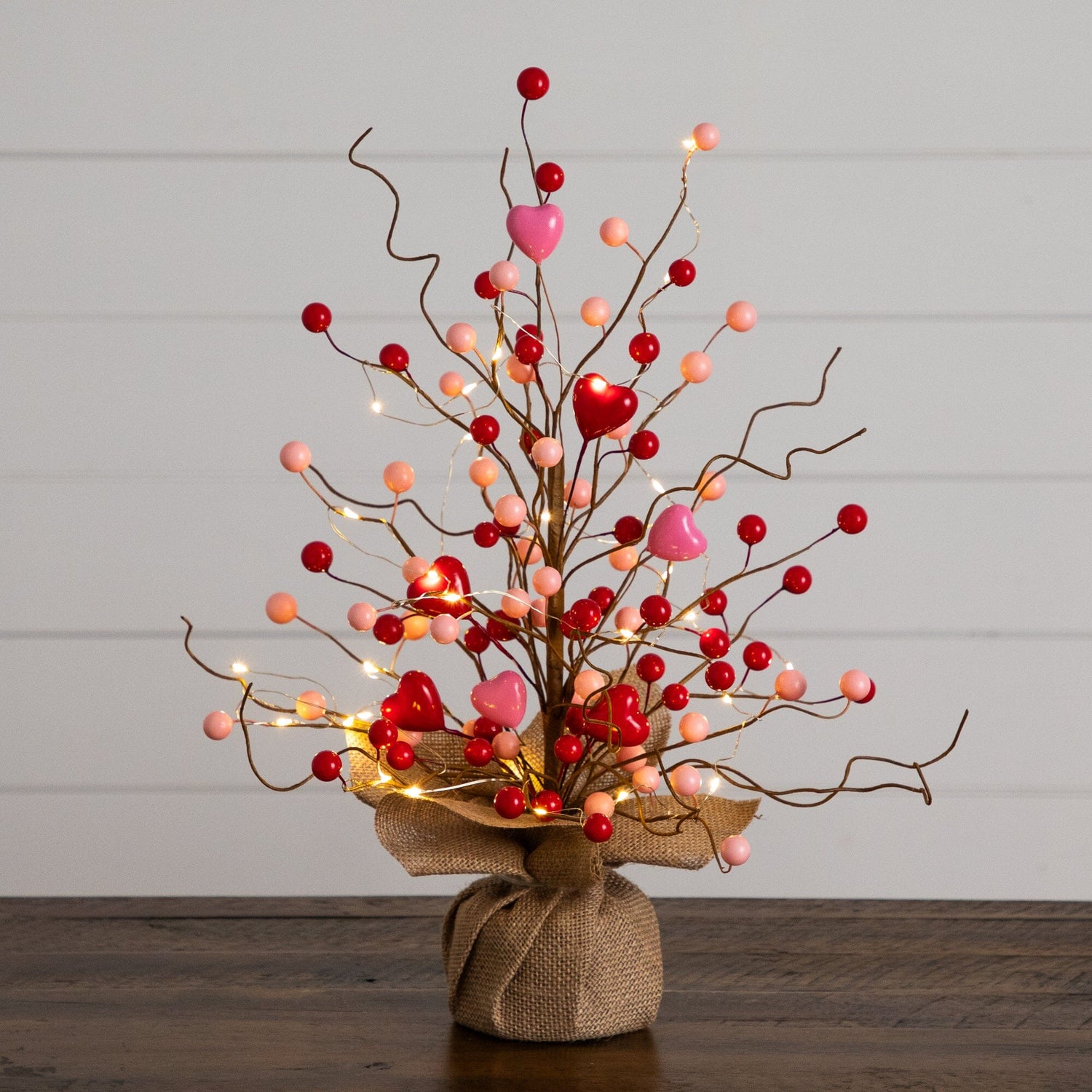 18" Pre-Lit Artificial Valentine's Day Heart & Berry Twig Tree with 30 LED String Lights in Burlap Wrapped Base