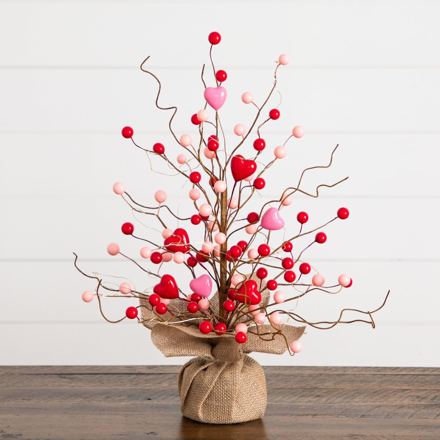 18" Pre-Lit Artificial Valentine's Day Heart & Berry Twig Tree with 30 LED String Lights in Burlap Wrapped Base