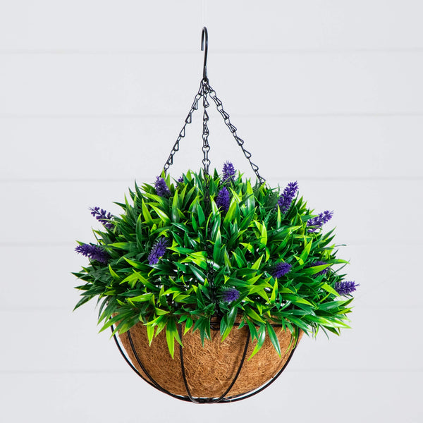 purple hanging planter 18" UV Resistant Artificial Lavender Hanging Basket (Indoor/Outdoor) – Nearly Natural