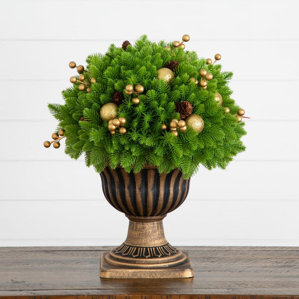 18” UV Resistant Artificial Pre-Lit Christmas Pine Plant with LED Lights in Decorative Planter (Indoor/Outdoor)