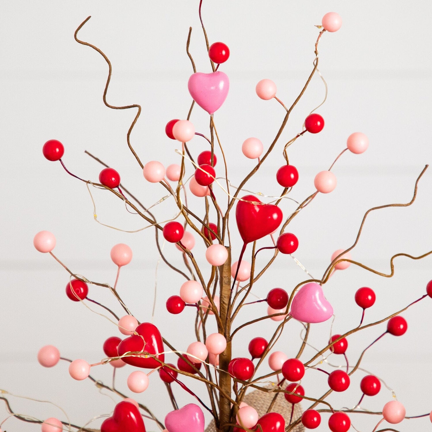 18" Pre-Lit Artificial Valentine's Day Heart & Berry Twig Tree with 30 LED String Lights in Burlap Wrapped Base