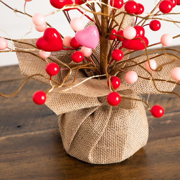 18" Pre-Lit Artificial Valentine's Day Heart & Berry Twig Tree with 30 LED String Lights in Burlap Wrapped Base