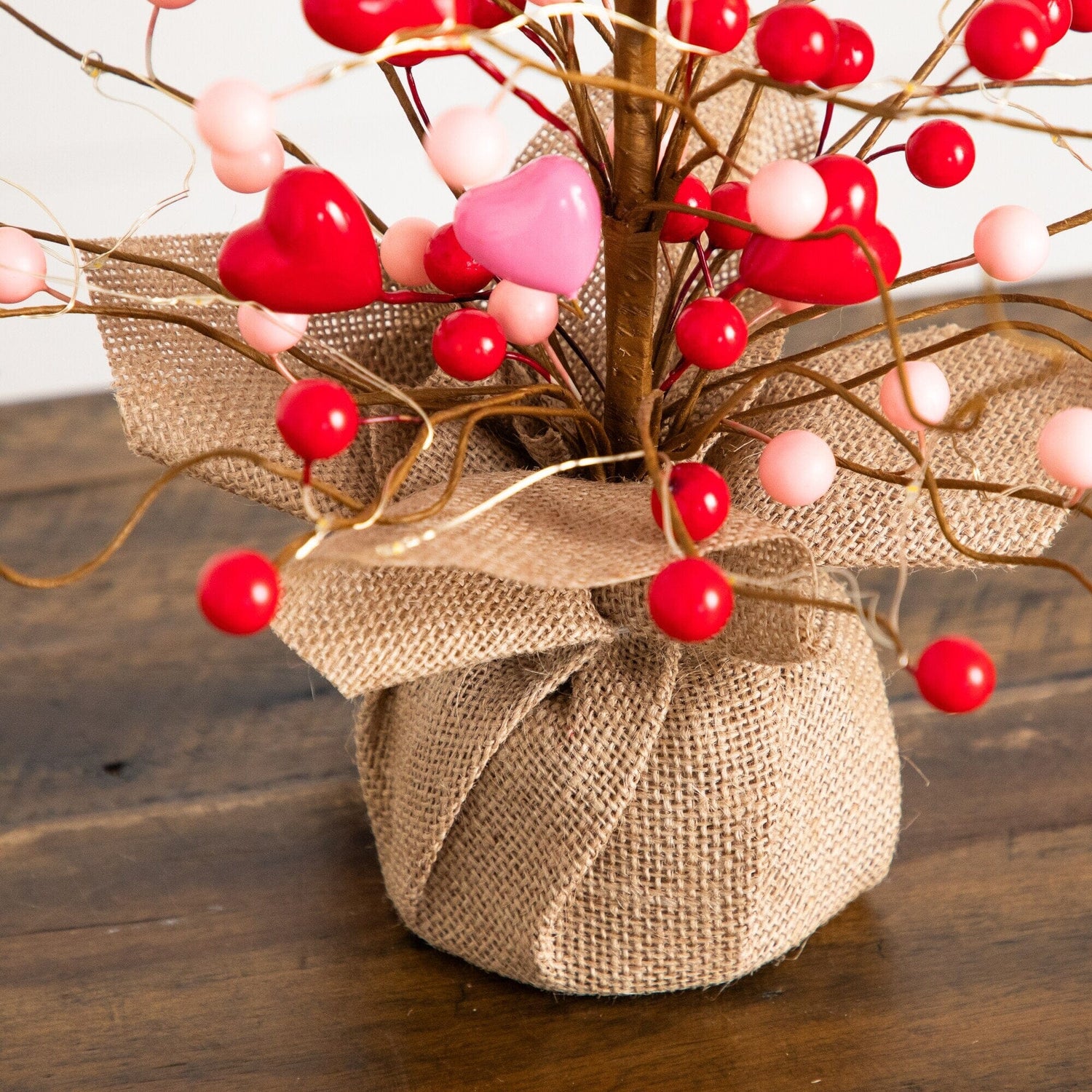 18" Pre-Lit Artificial Valentine's Day Heart & Berry Twig Tree with 30 LED String Lights in Burlap Wrapped Base