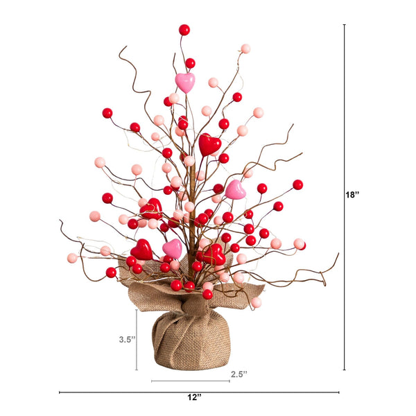 18" Pre-Lit Artificial Valentine's Day Heart & Berry Twig Tree with 30 LED String Lights in Burlap Wrapped Base