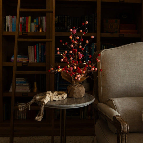 18" Pre-Lit Artificial Valentine's Day Heart & Berry Twig Tree with 30 LED String Lights in Burlap Wrapped Base