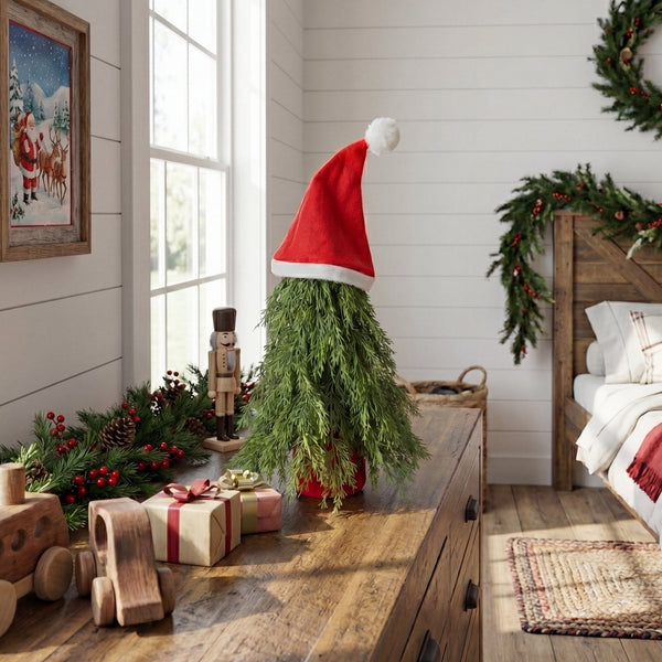 19” Artificial Down Swept Christmas Tree with Santa Hat Topper