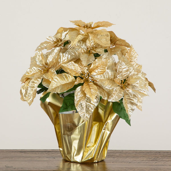 19” Artificial Lush Gold Velvet Poinsettia Arrangement in Gold Wrapped Planter