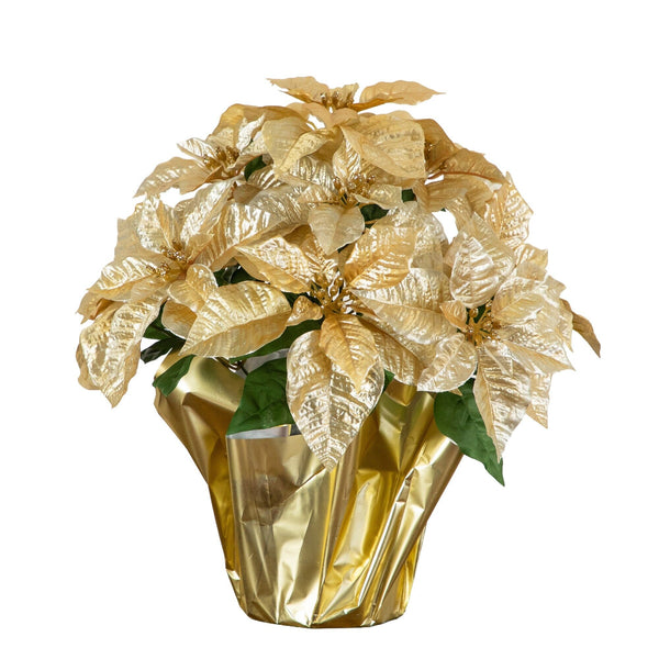 19” Artificial Lush Gold Velvet Poinsettia Arrangement in Gold Wrapped Planter