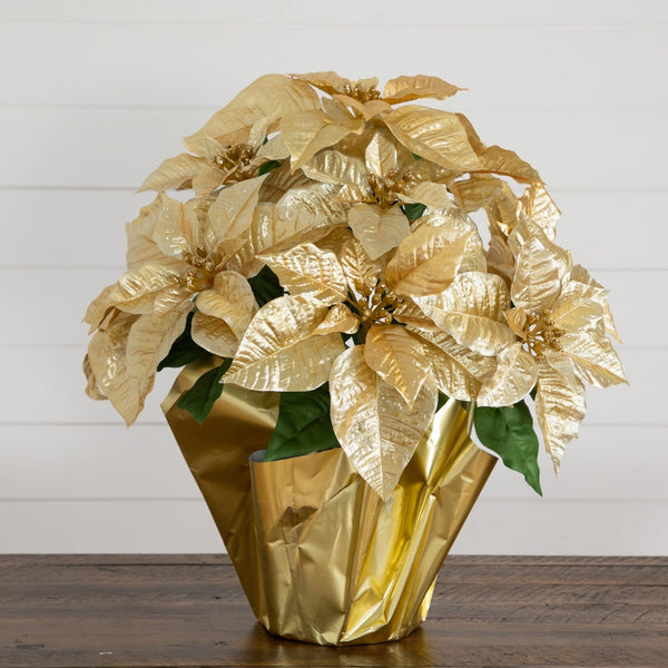 19” Artificial Lush Gold Velvet Poinsettia Arrangement in Gold Wrapped Planter