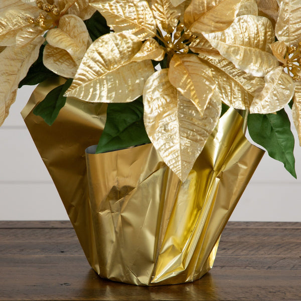 19” Artificial Lush Gold Velvet Poinsettia Arrangement in Gold Wrapped Planter