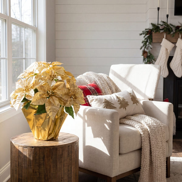 19” Artificial Lush Gold Velvet Poinsettia Arrangement in Gold Wrapped Planter