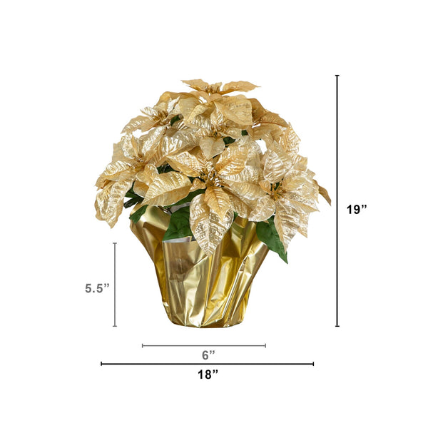 19” Artificial Lush Gold Velvet Poinsettia Arrangement in Gold Wrapped Planter
