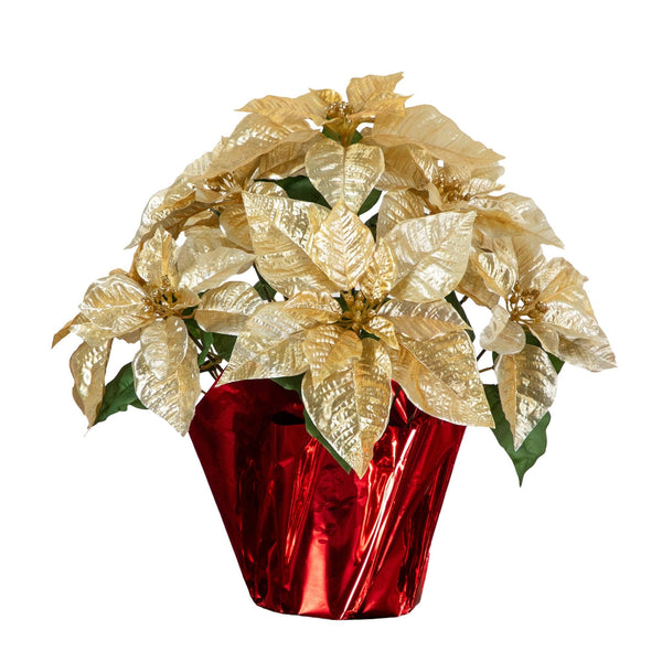 19” Artificial Lush Gold Velvet Poinsettia Arrangement in Red Wrapped Planter