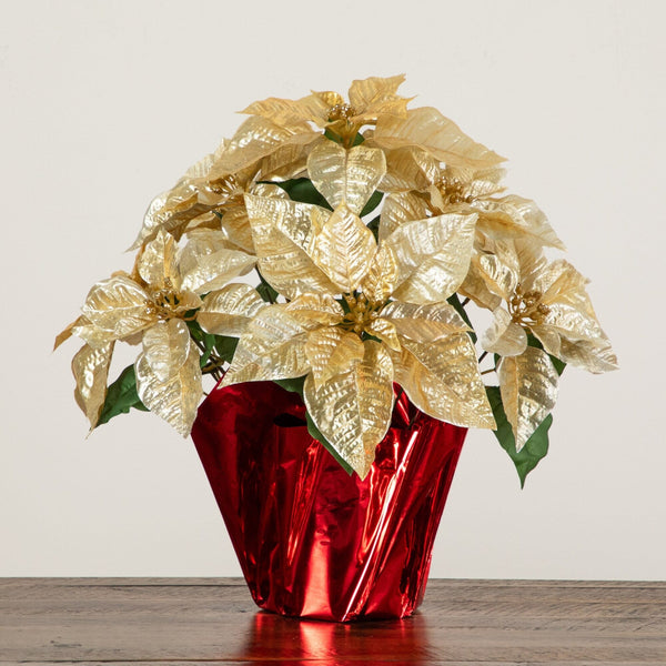 19” Artificial Lush Gold Velvet Poinsettia Arrangement in Red Wrapped Planter