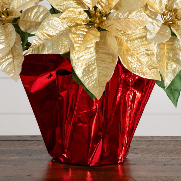 19” Artificial Lush Gold Velvet Poinsettia Arrangement in Red Wrapped Planter