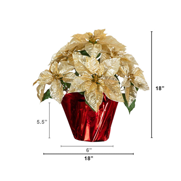 19” Artificial Lush Gold Velvet Poinsettia Arrangement in Red Wrapped Planter