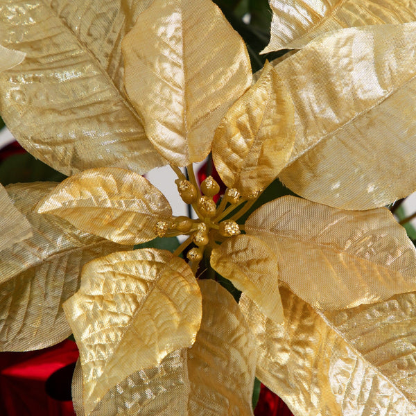 19” Artificial Lush Gold Velvet Poinsettia Arrangement in Red Wrapped Planter