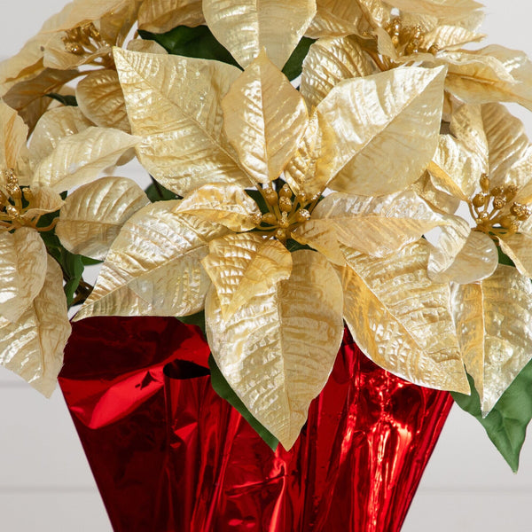 19” Artificial Lush Gold Velvet Poinsettia Arrangement in Red Wrapped Planter