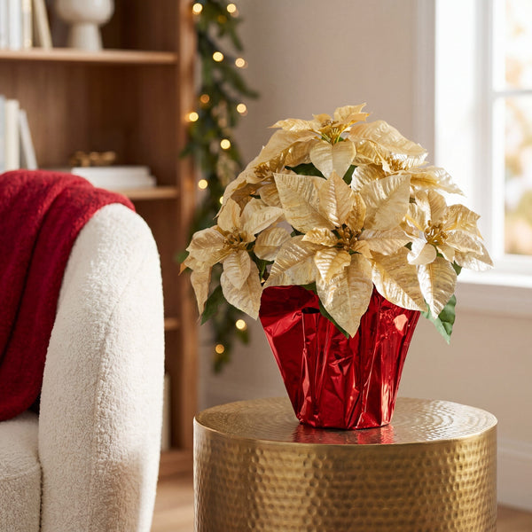 19” Artificial Lush Gold Velvet Poinsettia Arrangement in Red Wrapped Planter