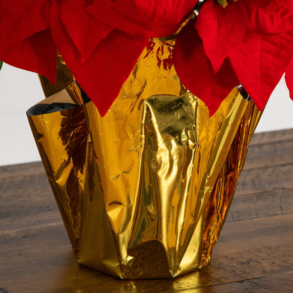 19” Artificial Lush Red Velvet Poinsettia Arrangement in Gold Wrapped Planter