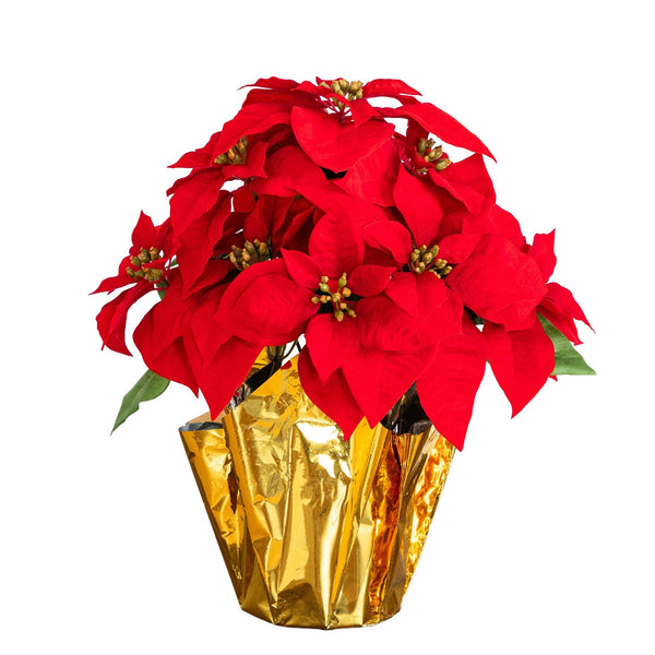 19” Artificial Lush Red Velvet Poinsettia Arrangement in Gold Wrapped Planter