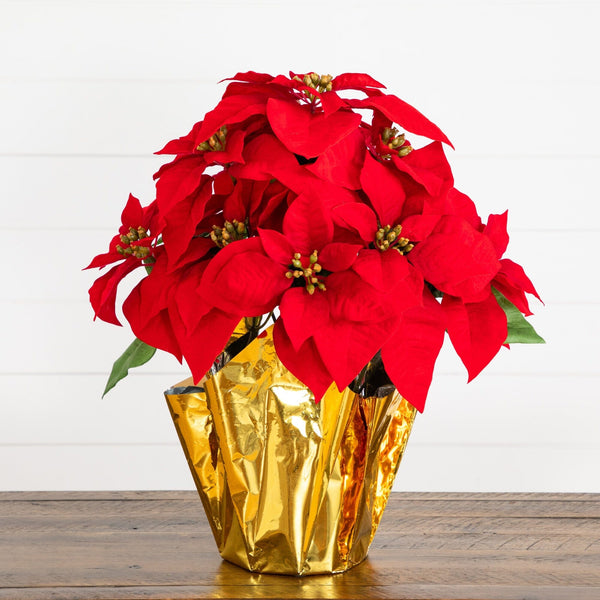 19” Artificial Lush Red Velvet Poinsettia Arrangement in Gold Wrapped Planter