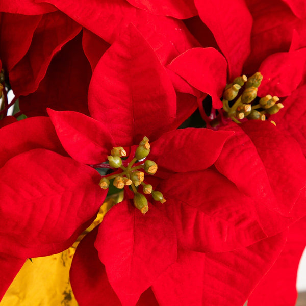 19” Artificial Lush Red Velvet Poinsettia Arrangement in Gold Wrapped Planter