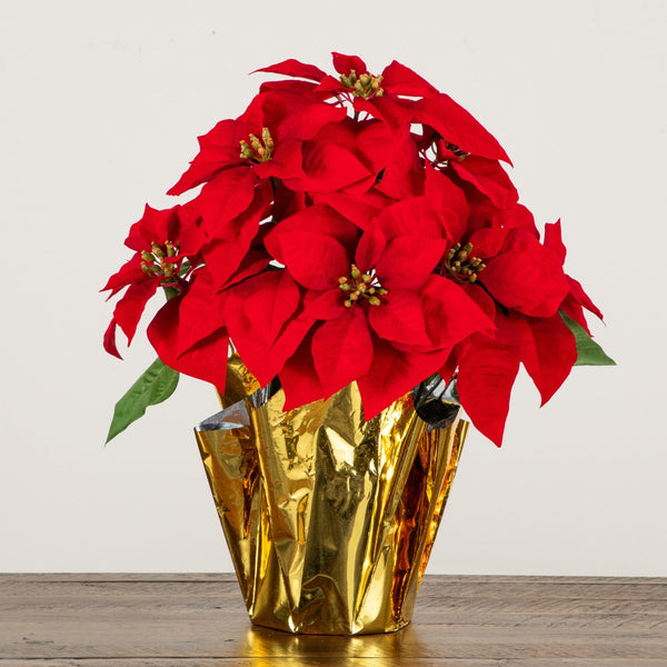 19” Artificial Lush Red Velvet Poinsettia Arrangement in Gold Wrapped Planter
